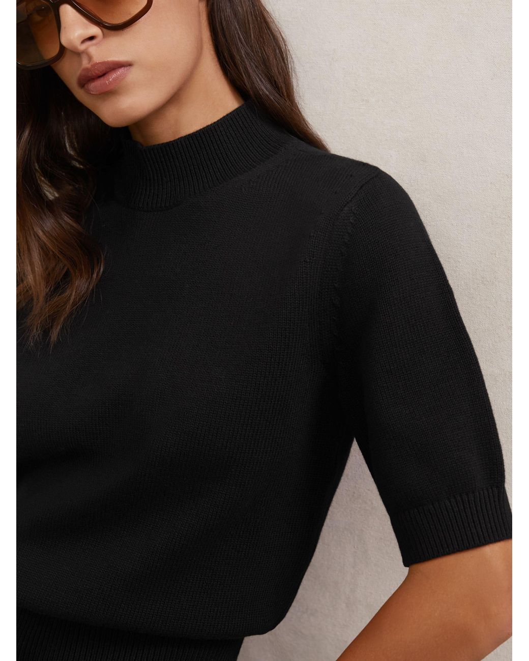 Reiss Black Cotton And Wool Funnel-Neck Knit Top