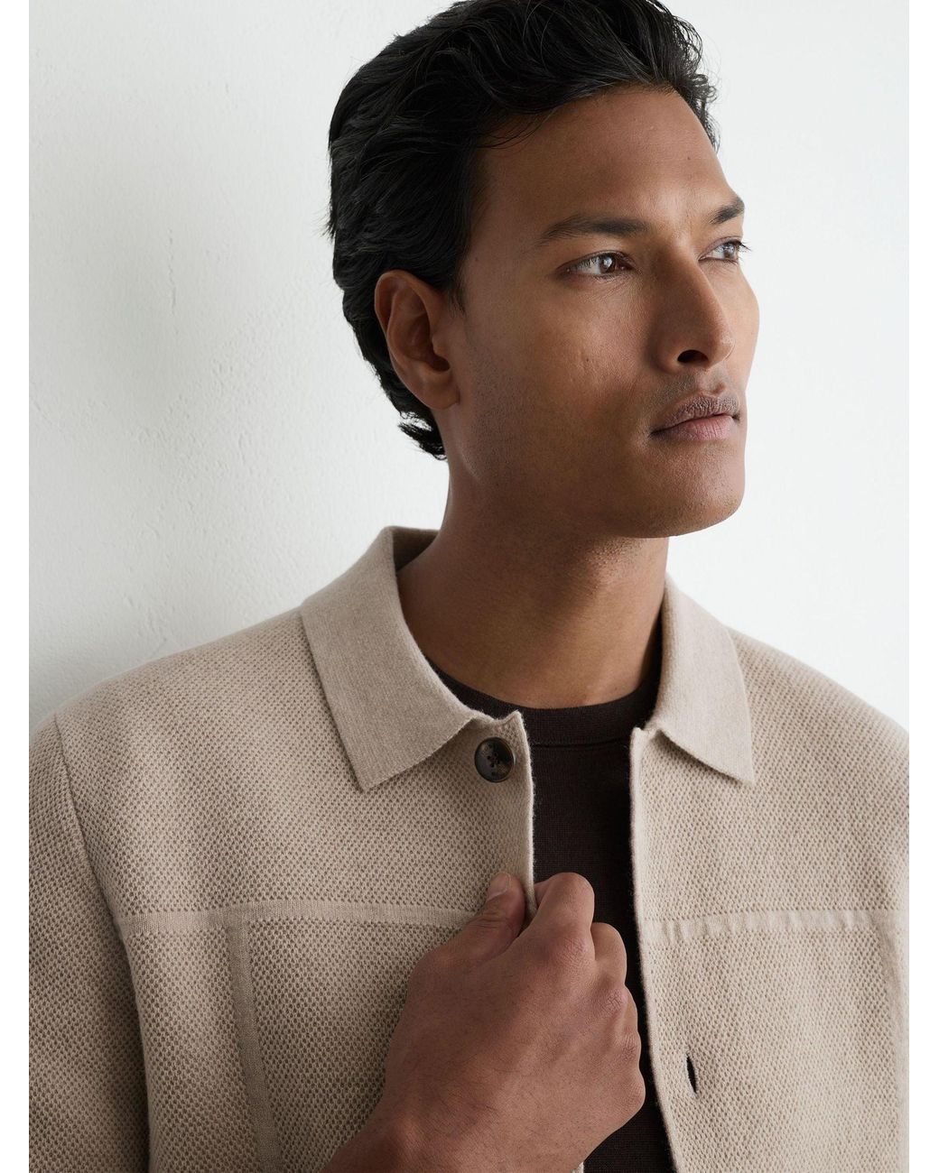 Reiss Natural Wool Collared Patch-Pocket Cardigan for men
