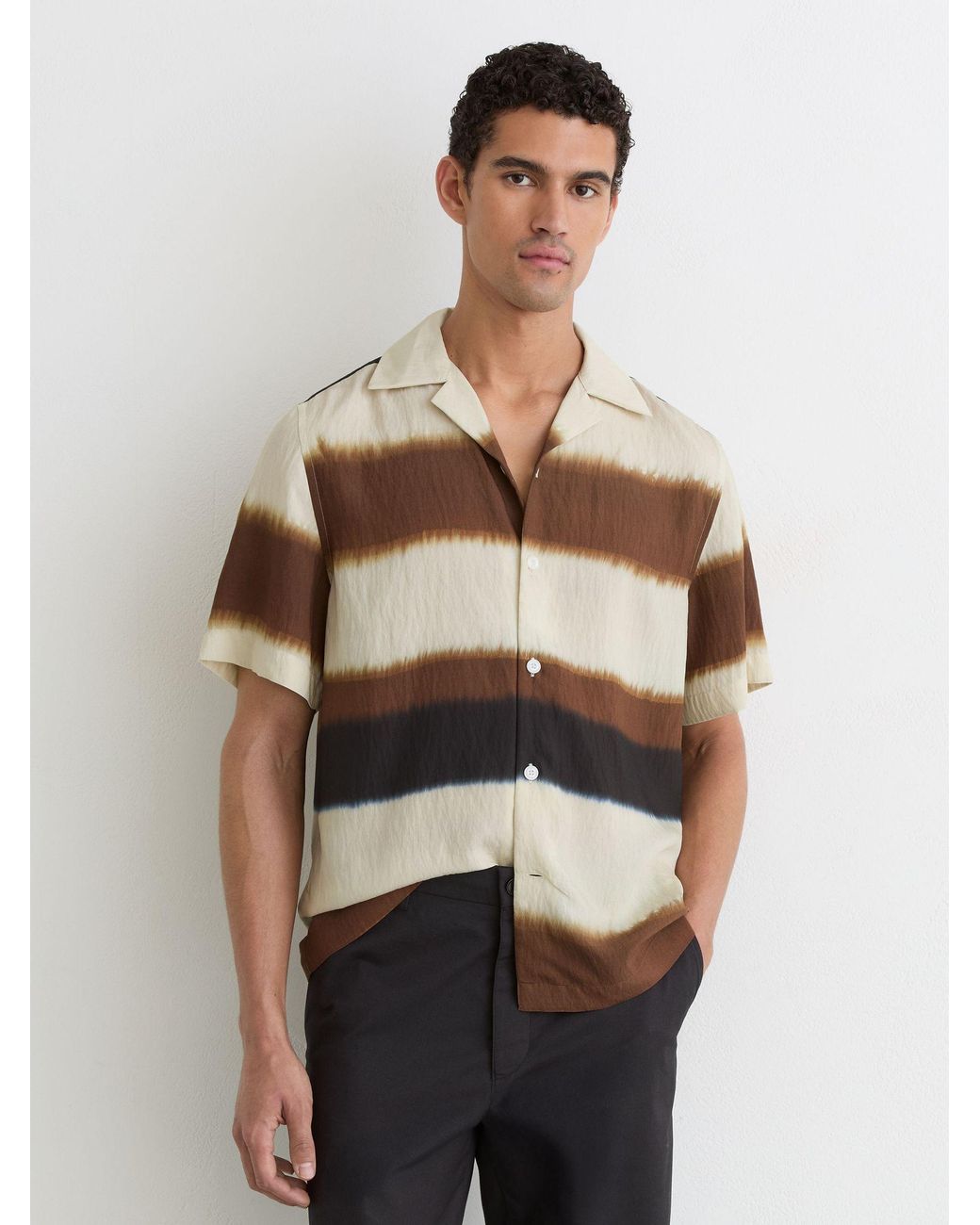 Reiss White Block-Stripe Cuban-Collar Shirt for men
