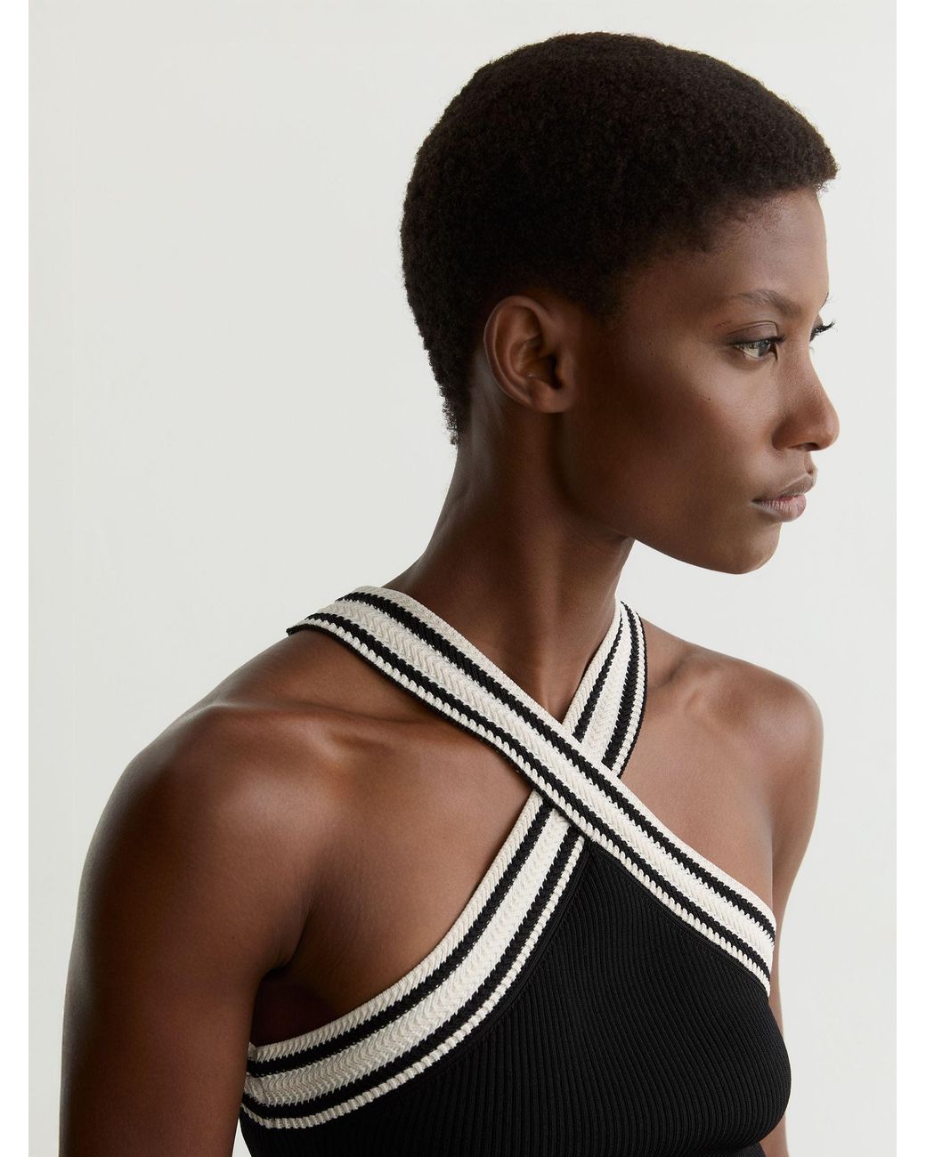 Reiss White Contrast-Neckline Rib-Knit Top