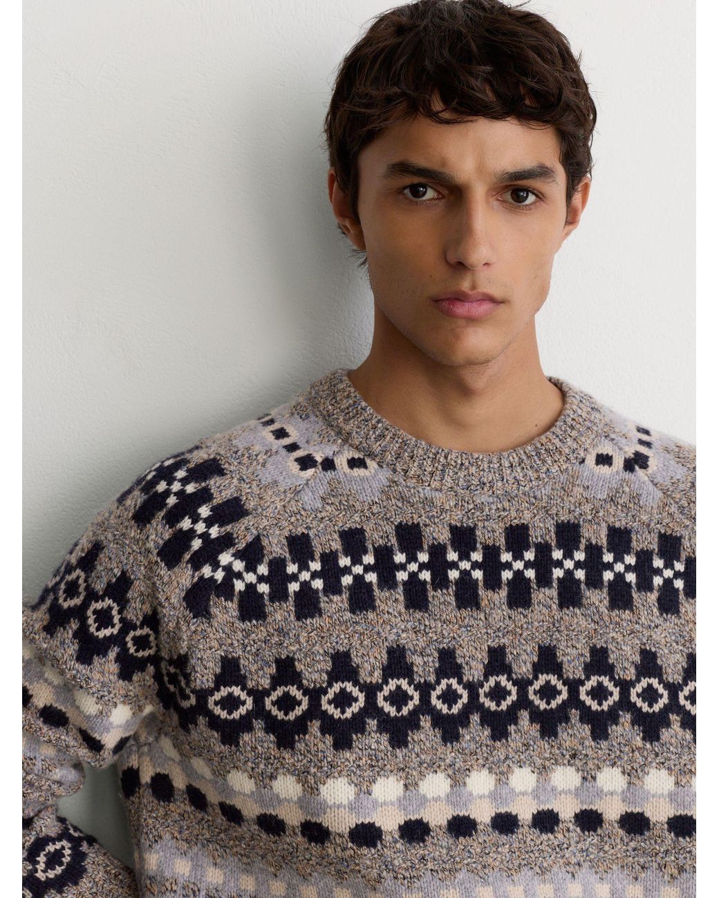 Reiss Gray Wool-Blend Tweed-Jacquard Crew-Neck Jumper for men