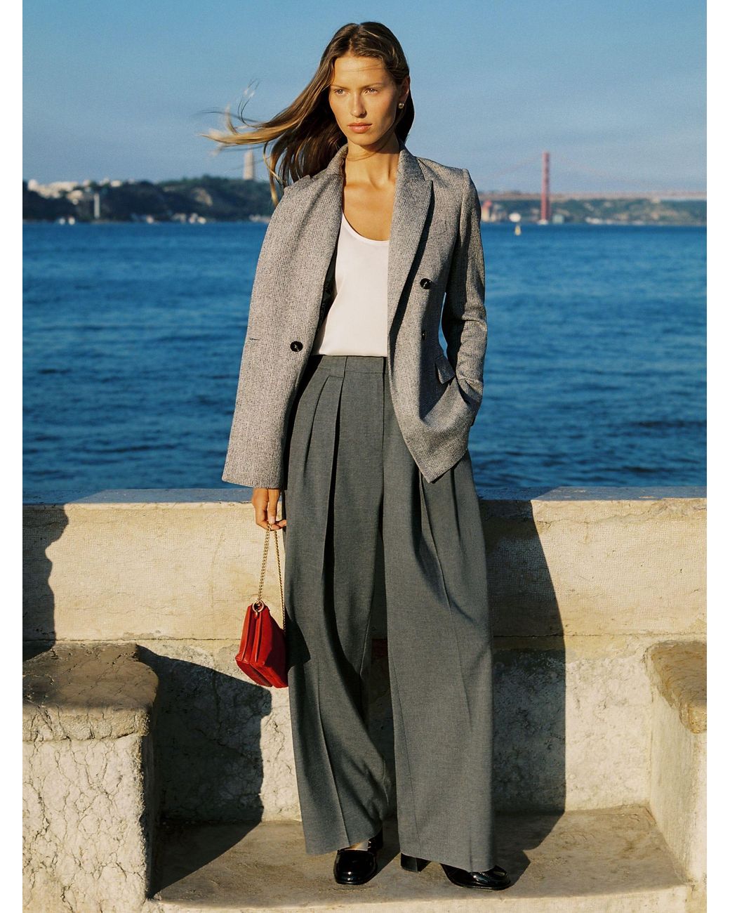 Reiss Gray Poppie - Grey Wide-leg Pleated Trousers, Us 10 Regular