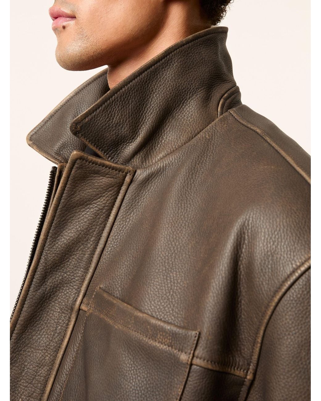 Reiss Pierce - Brown Monogram Embossed Leather Jacket Relaxed-fit, L for men
