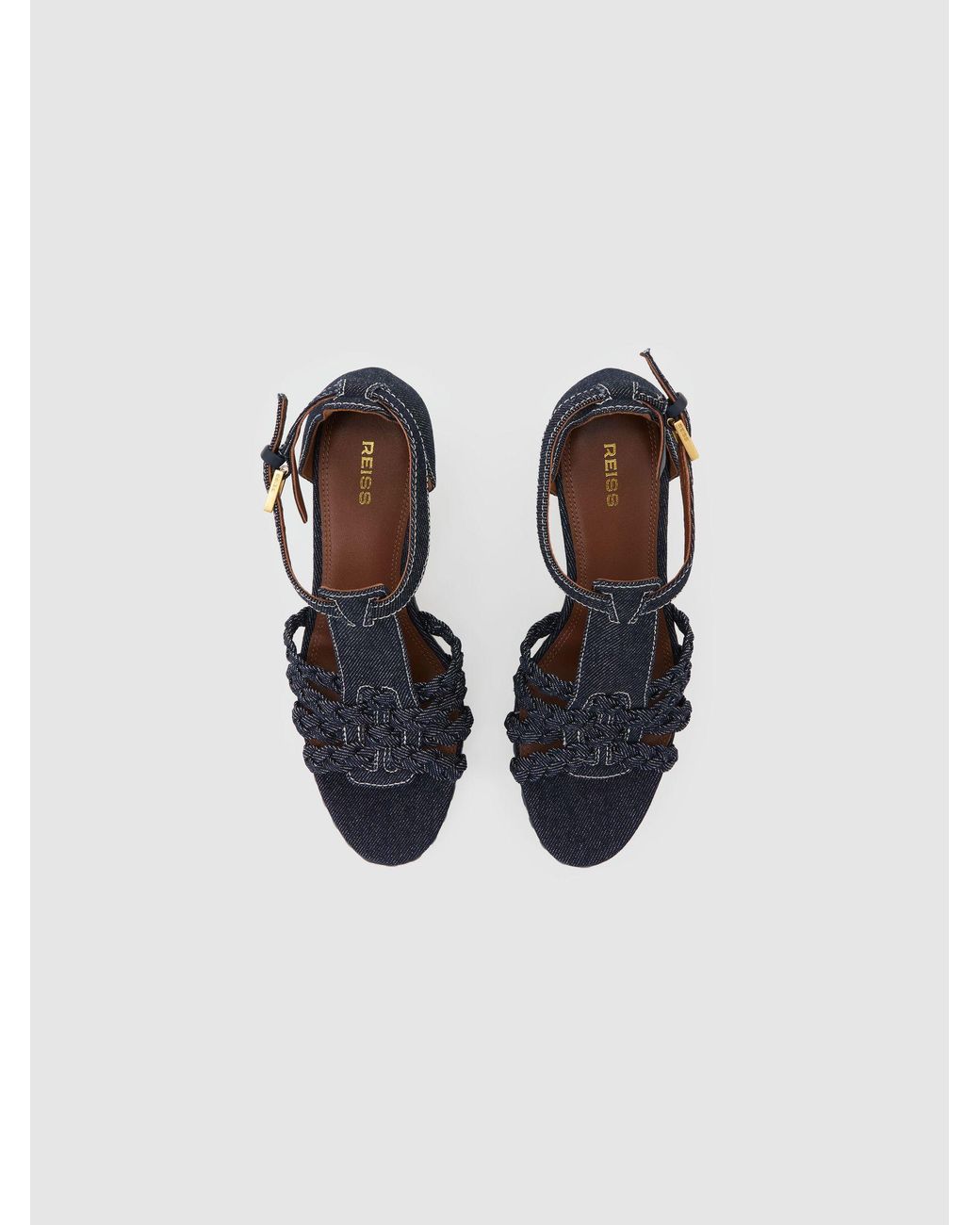 Reiss Blue Denim Plaited-Strap Wedge Sandals