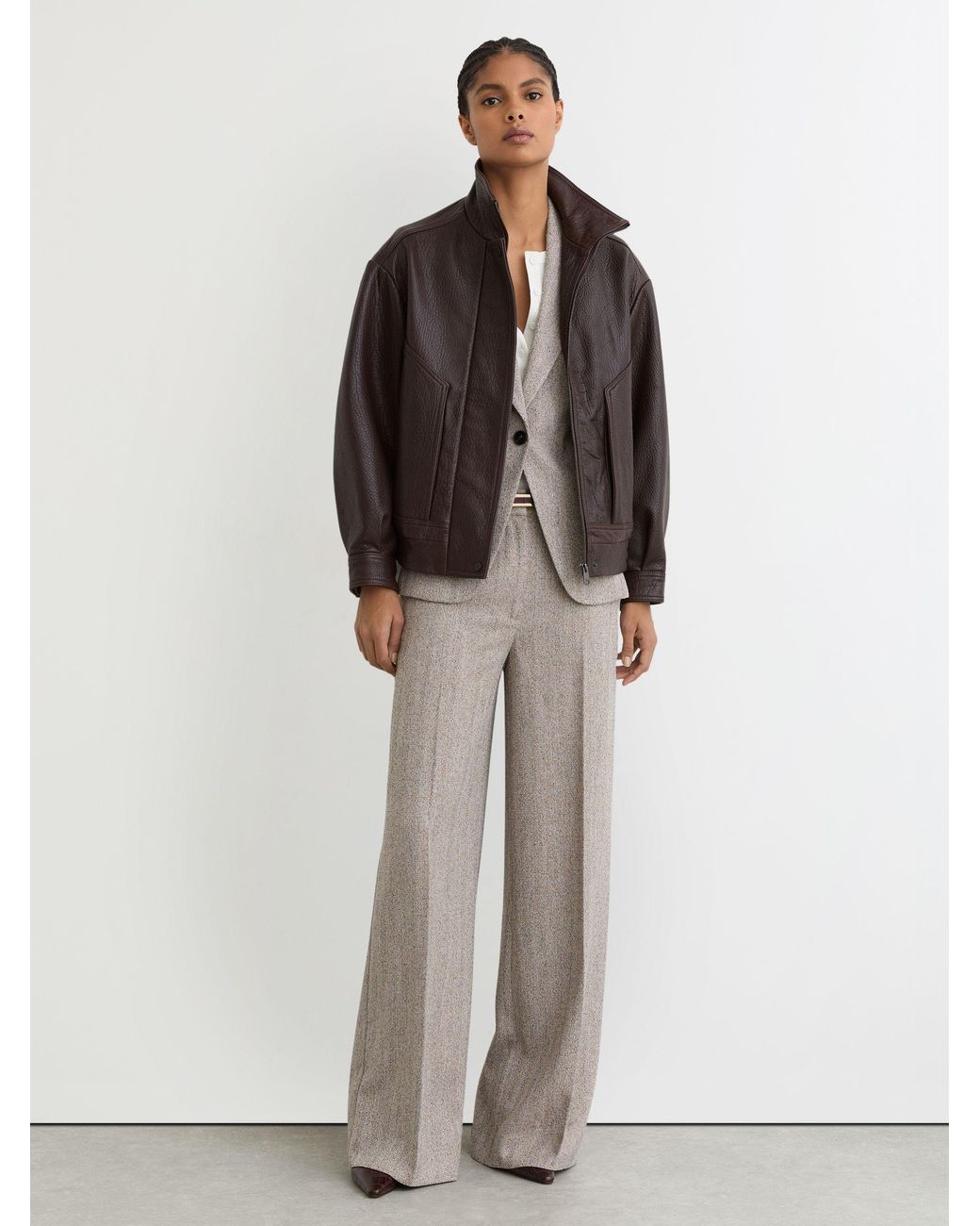 Reiss Gray Wide-Leg Textured Tailored Trousers