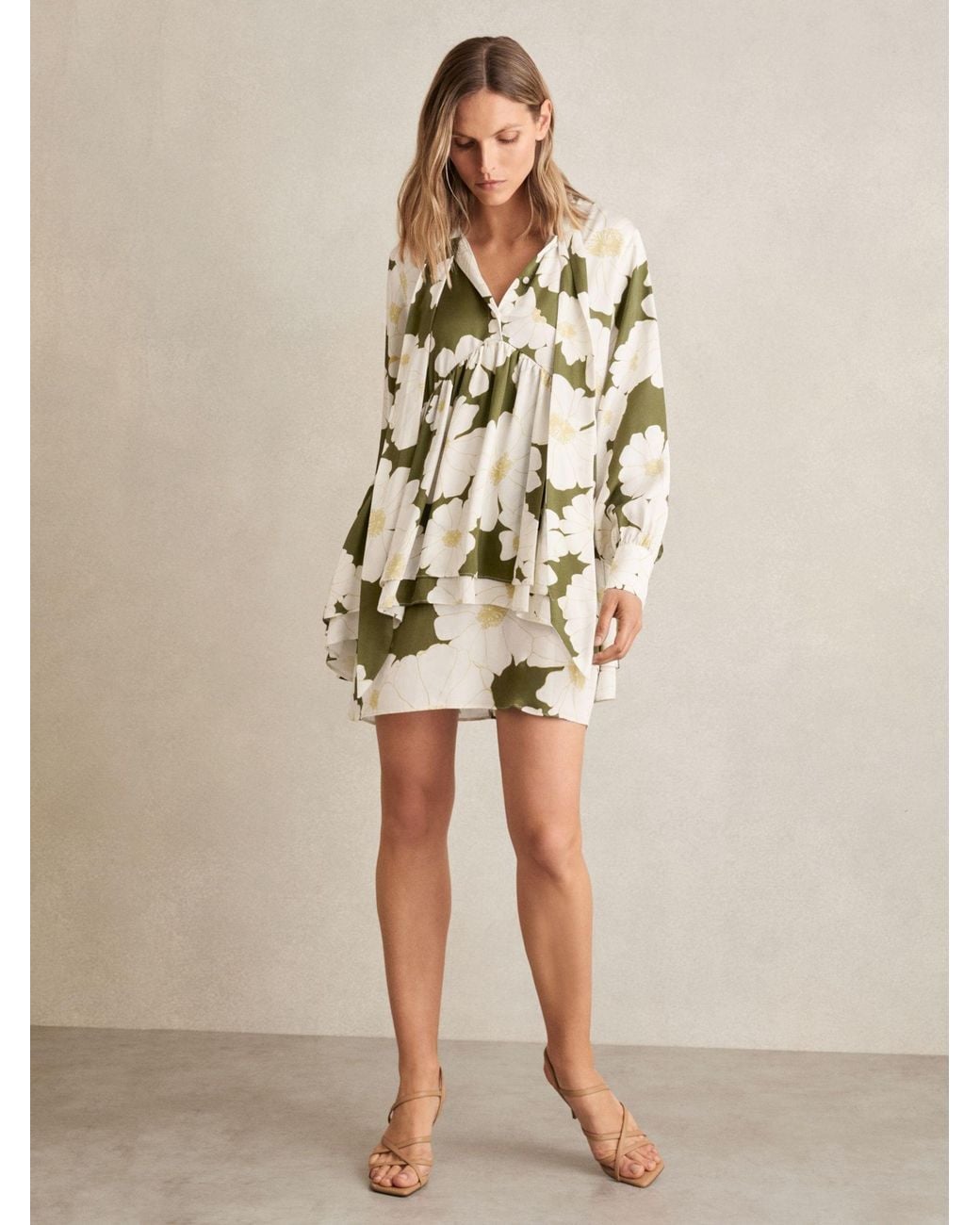 Reiss Natural Floral Tie-Neck Swing Dress