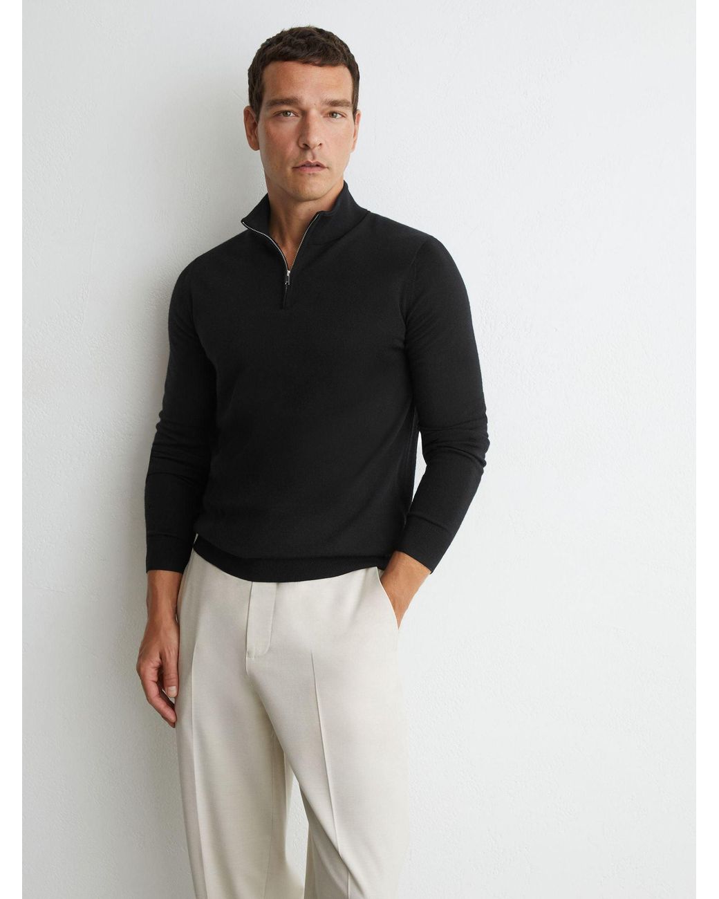 Reiss Black Merino Wool Half-Zip Jumper for men