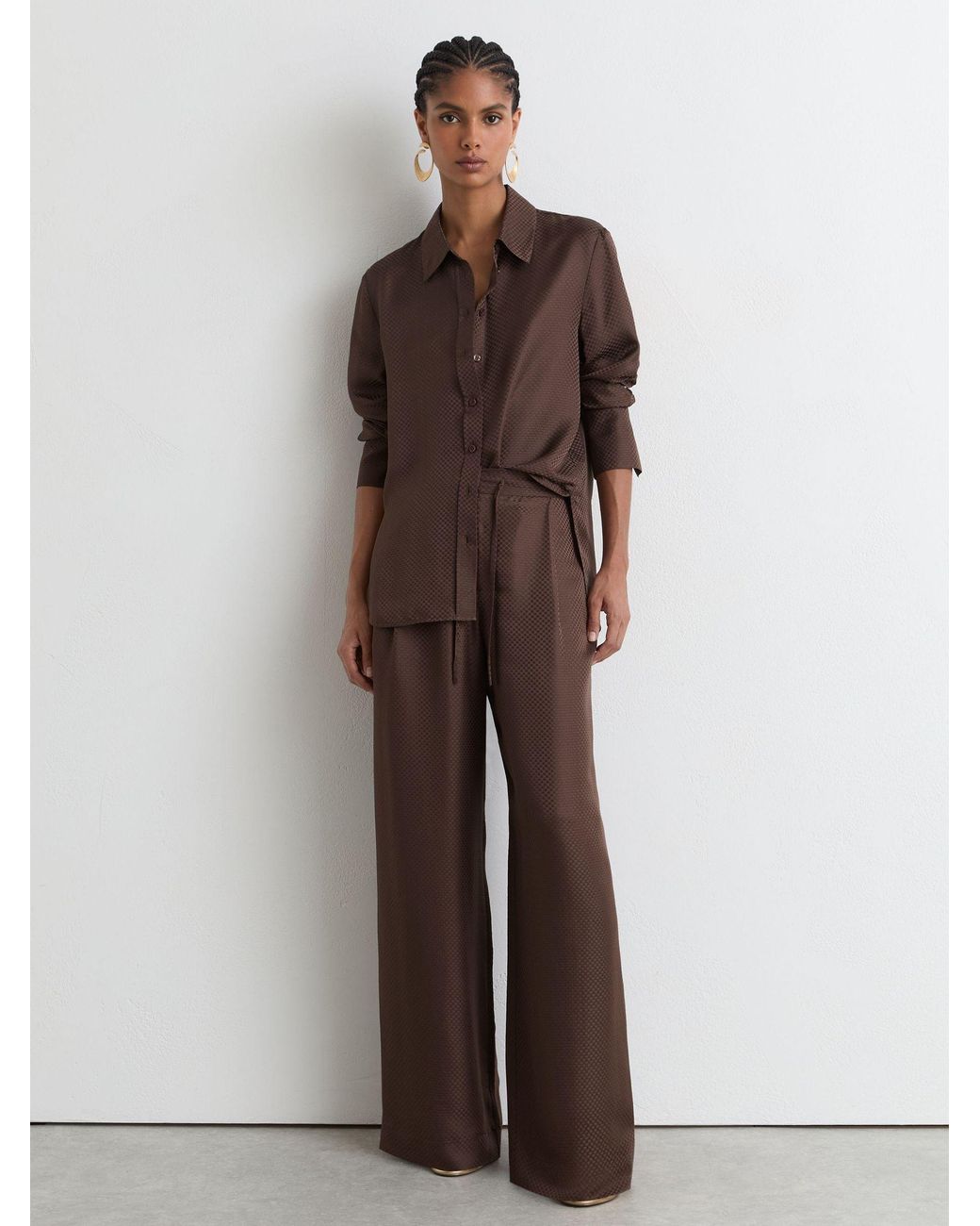 Reiss Aliana - Mocha Brown Silk Jacquard Wide-leg Trousers, Us 4 Regular