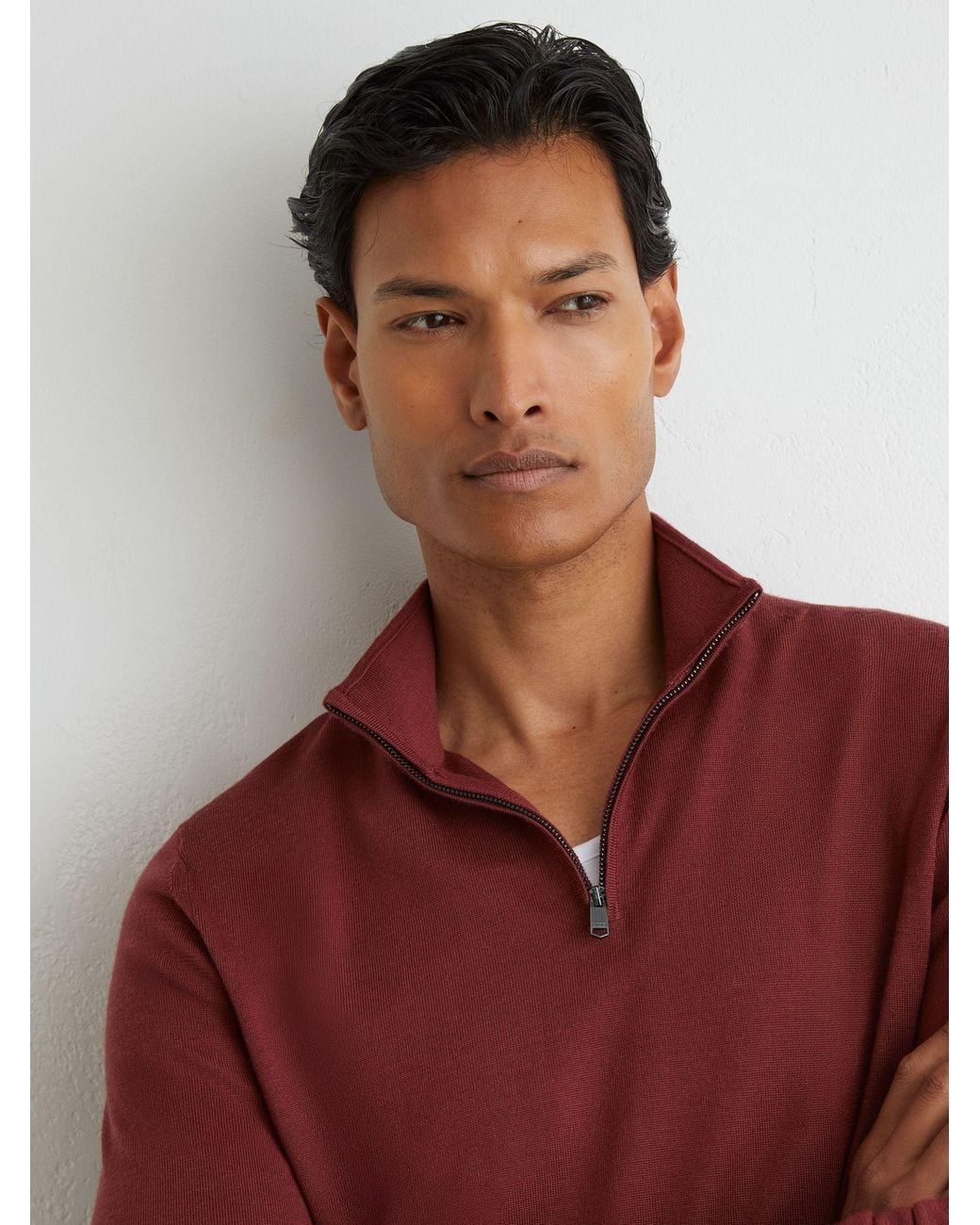 Reiss Red Merino Wool Half-Zip Funnel-Neck Jumper for men