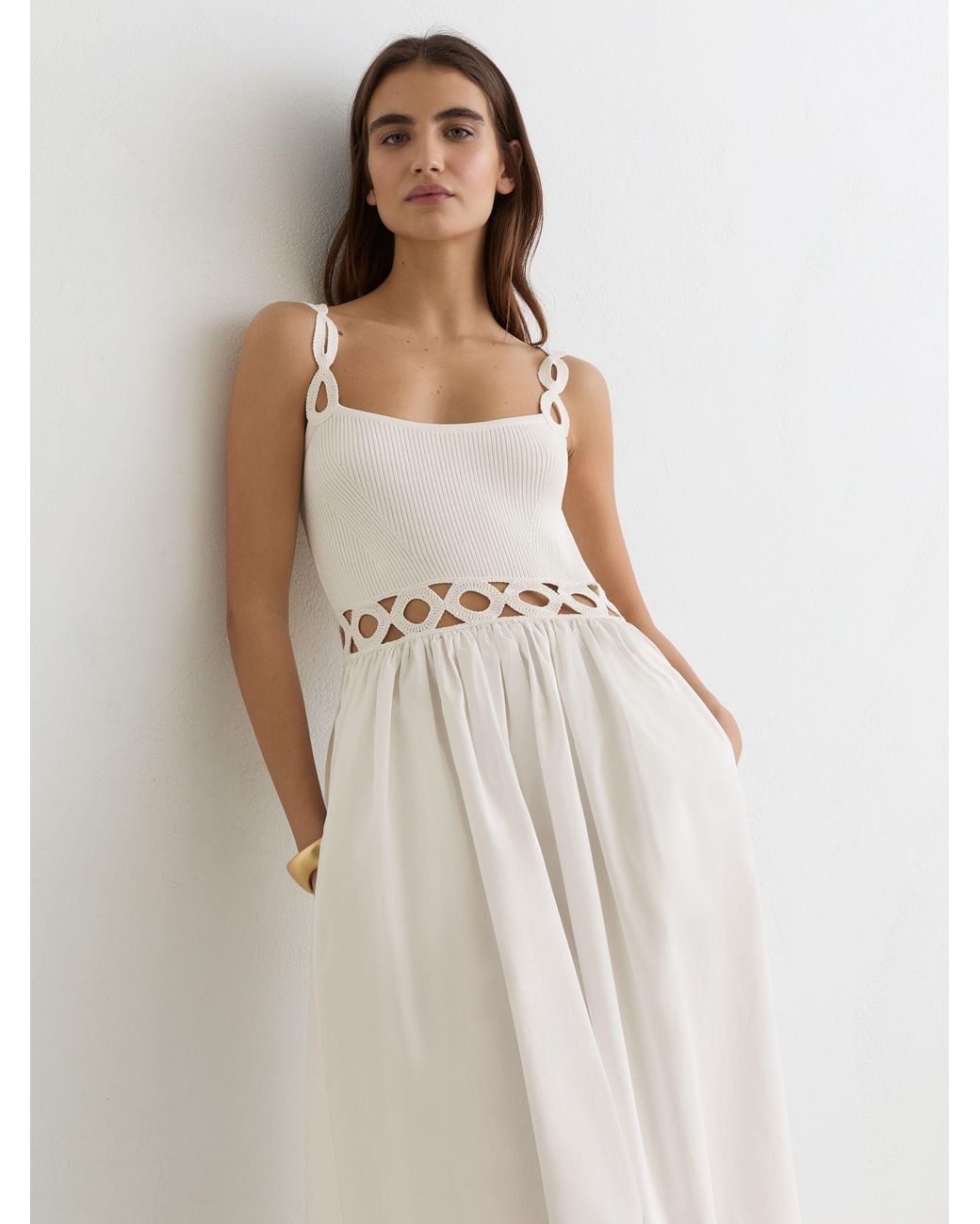 Reiss White Rita Rib-Knit Woven Mix Cut-Out Midi Dress