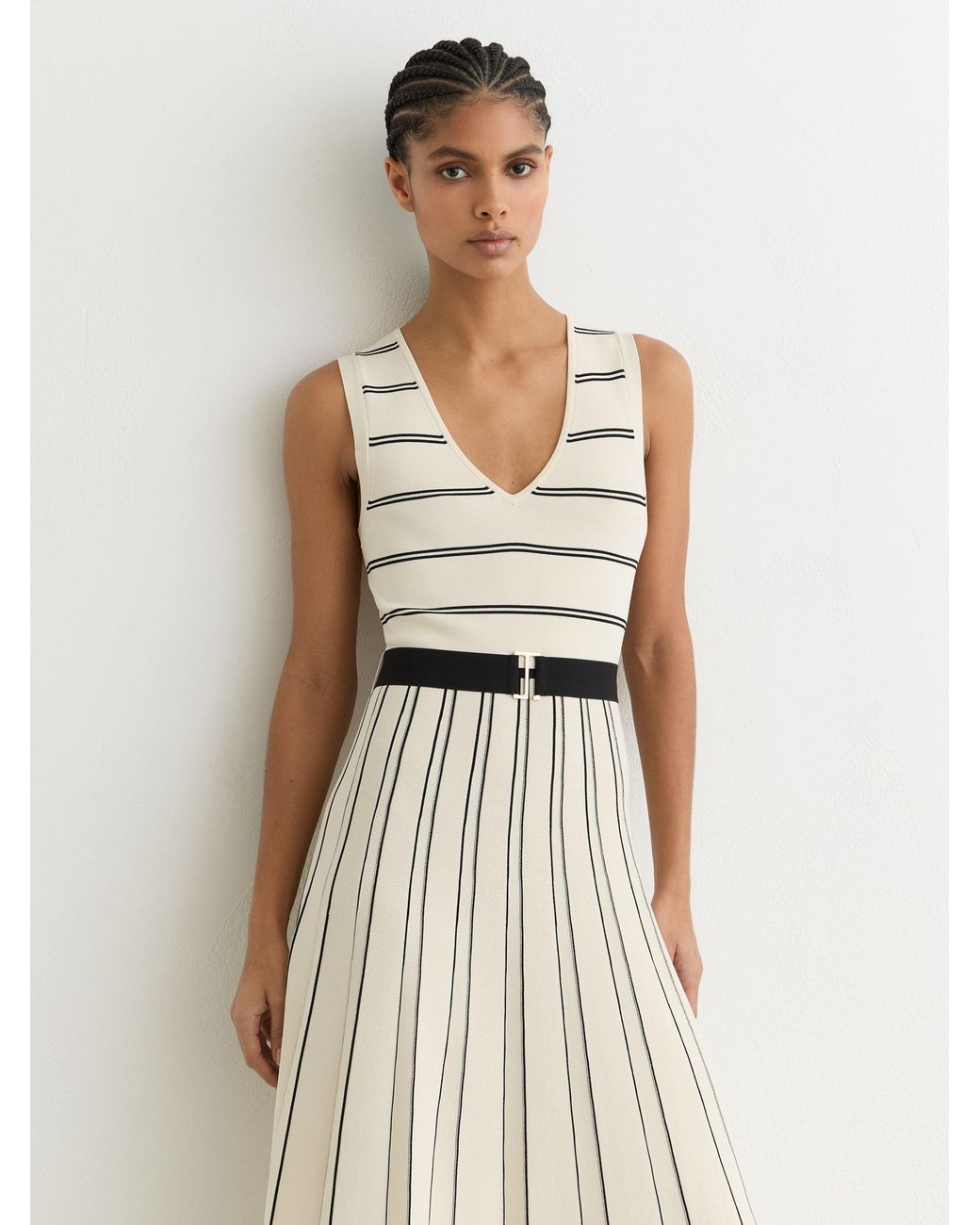 Reiss Natural Sleeveless Stripe Knitted Midi Dress