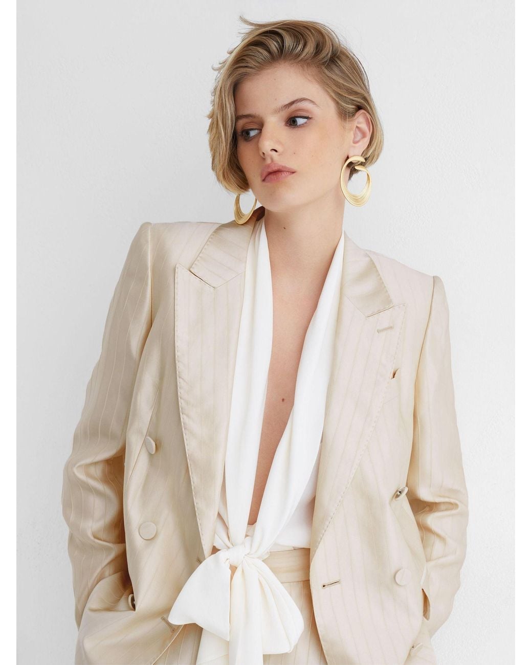 ATELIER Black Satin Pinstripe Double-Breasted Blazer