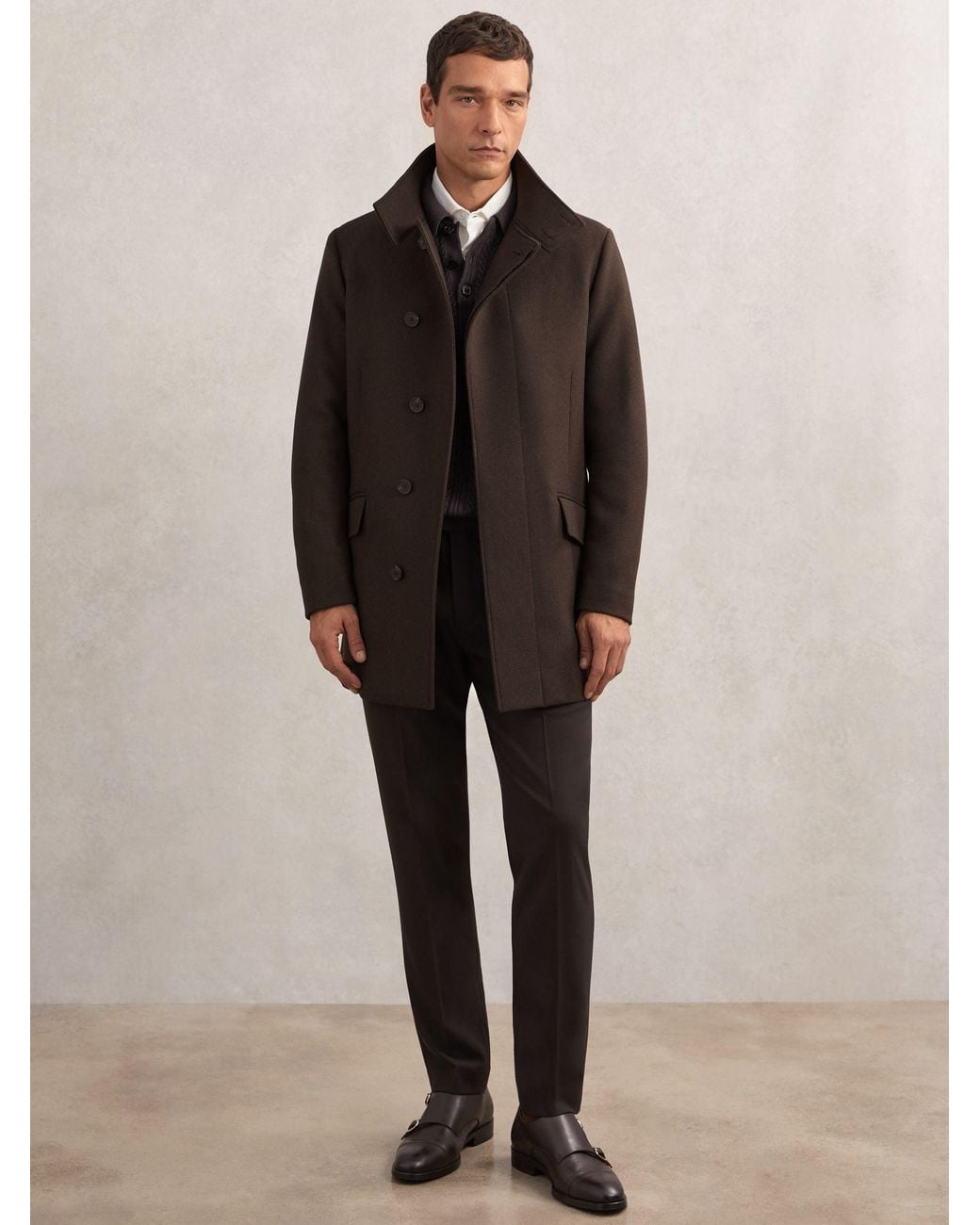 Reiss Brown Wool-Blend Stand-Collar Coat for men