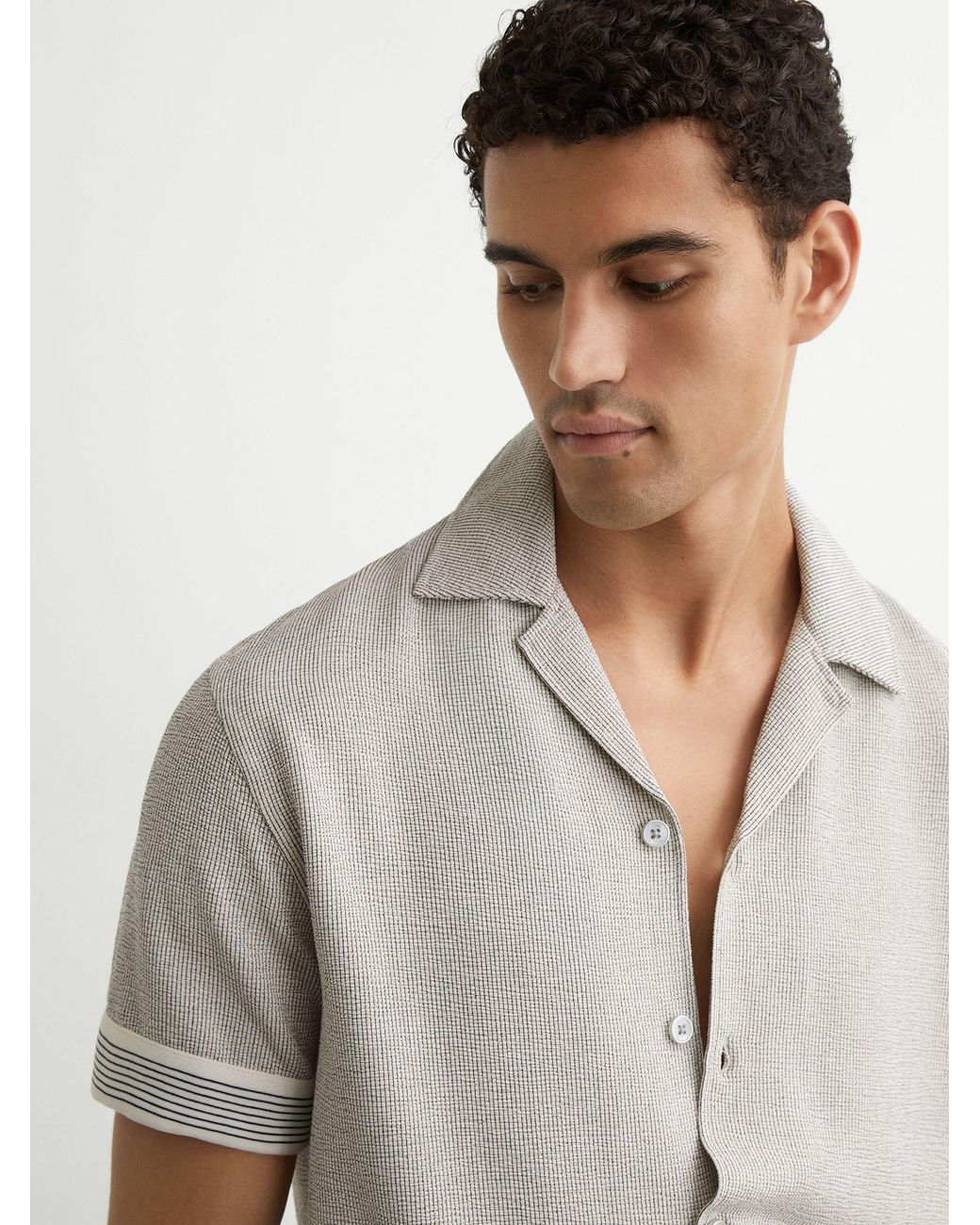 Reiss Gray Textured Stripe-Tape Cuban-Collar Shirt for men