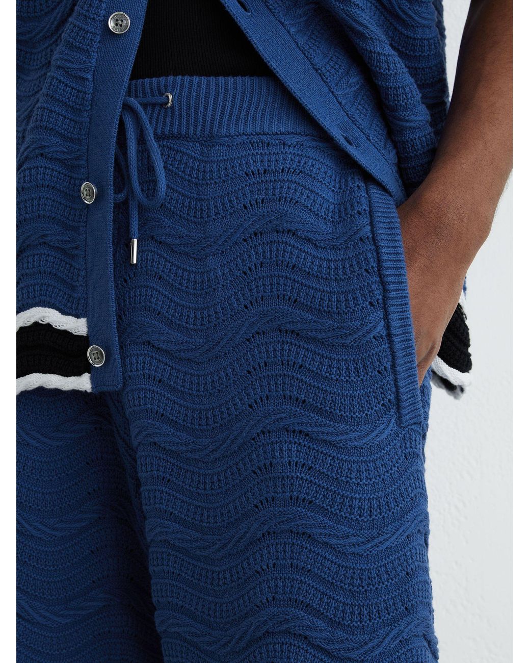 Reiss Blue Cotton-Blend Wave-Knit Tipped Shorts for men