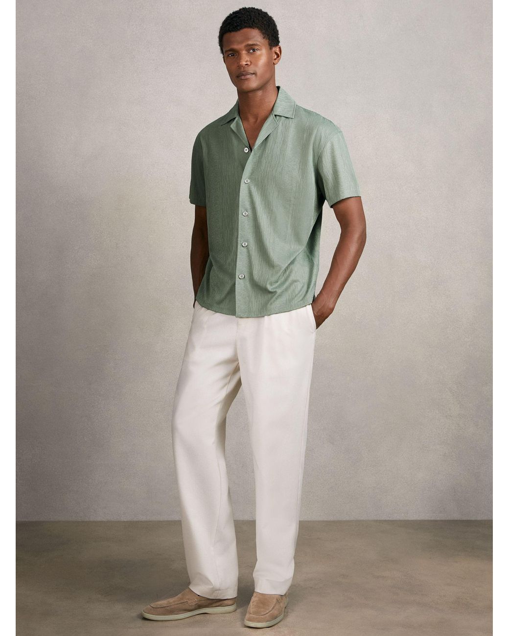 Reiss Green Jacquard-Stripe Cuban-Collar Shirt for men
