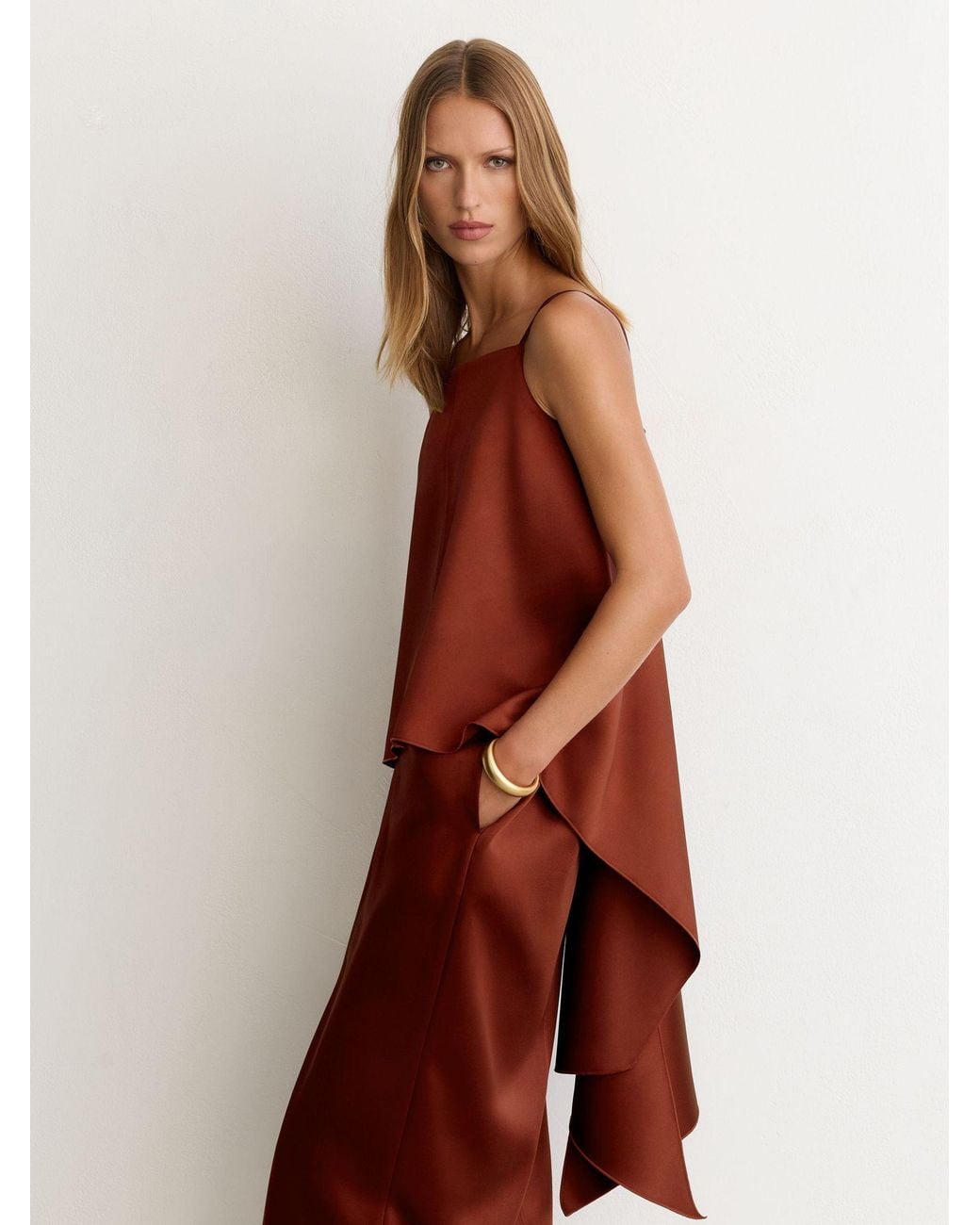 Reiss Brown Satin Structured Drape-Back Top