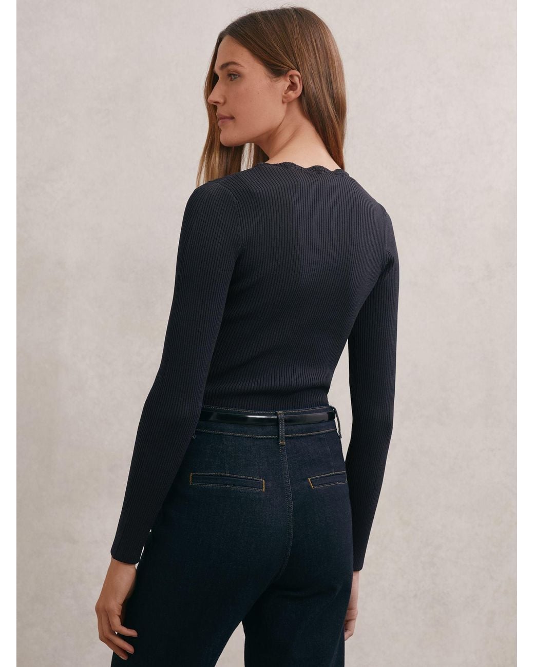 Reiss Blue Crochet-Trim Rib-Knit Top