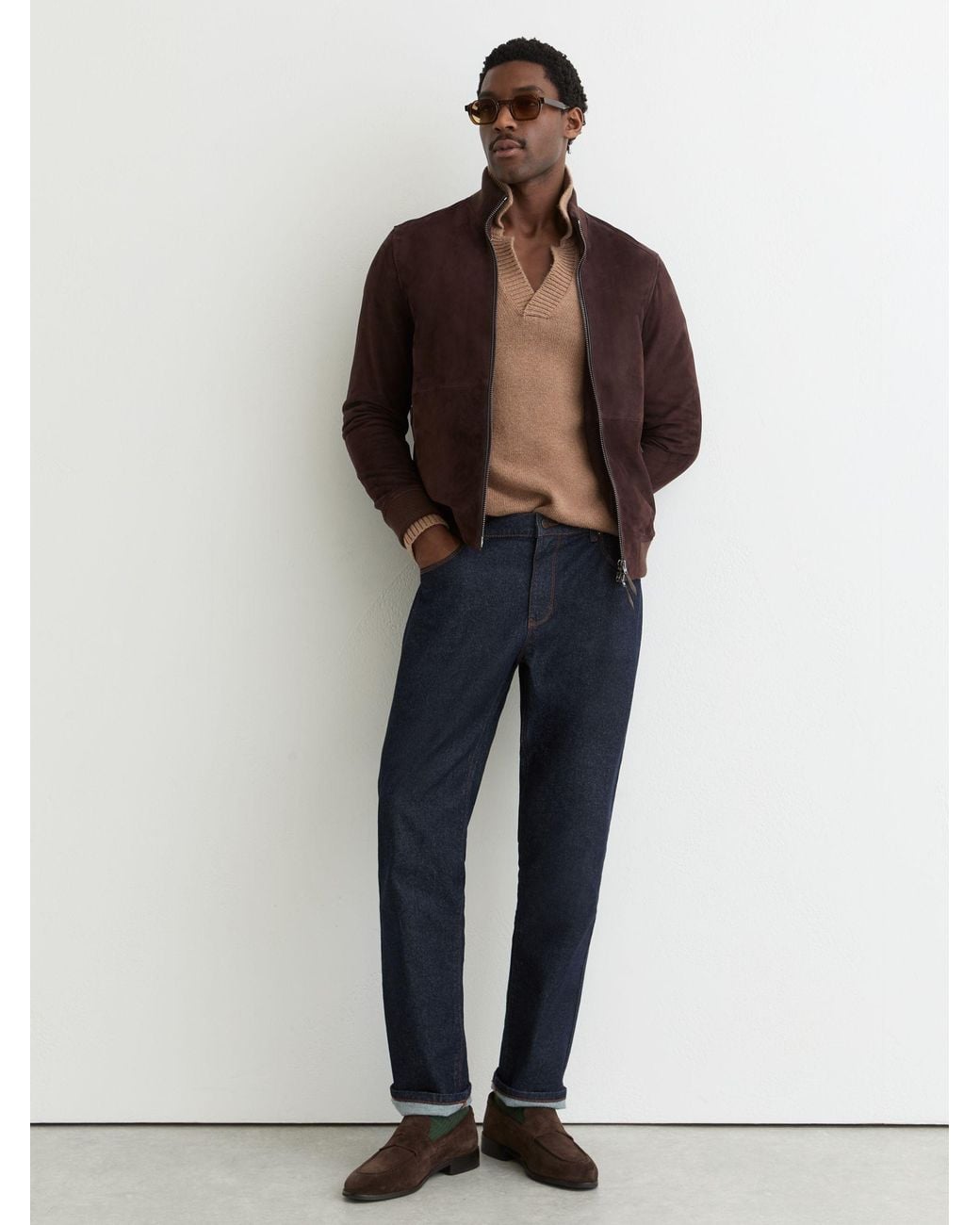 Reiss Brown Suede Zip-Through Funnel-Neck Jacket for men