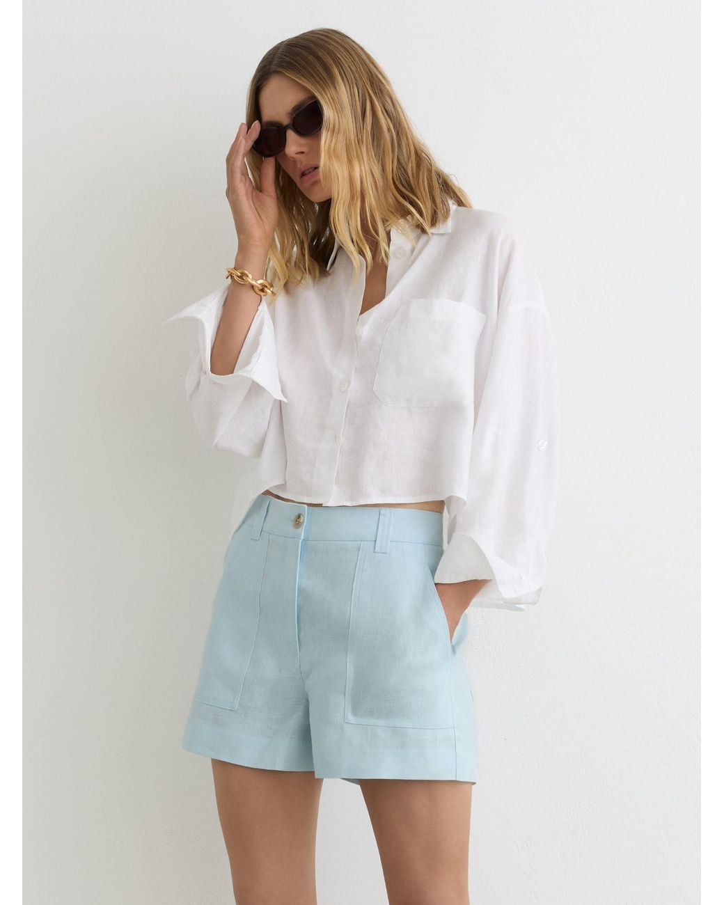 Reiss White Ashby - Light Blue Linen Chambray Shorts, Us 14 Regular