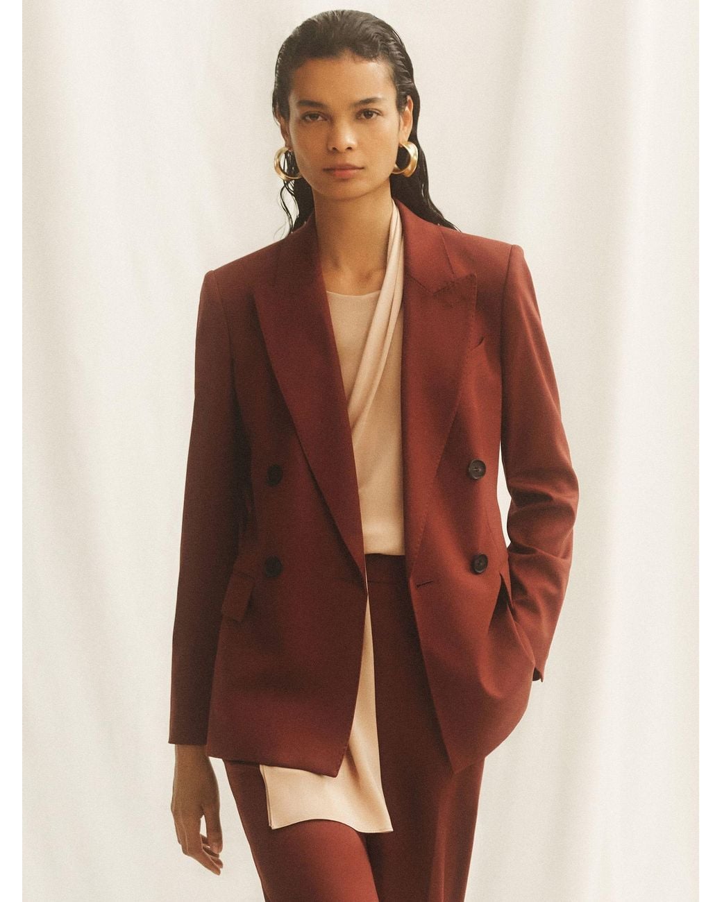 Reiss Brown Wool-Blend Double-Breasted Suit Blazer