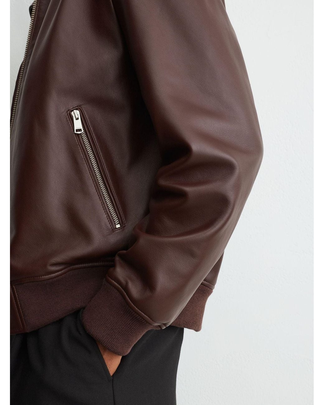 Reiss Brown Leather Zip-Through Collared Bomber Jacket for men