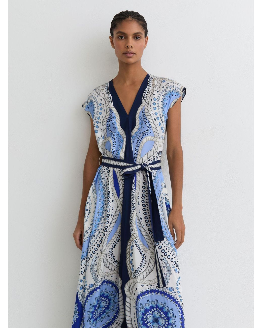 Reiss Heidi - Ivory/blue Scarf-print Belted Midi Dress, Us 14