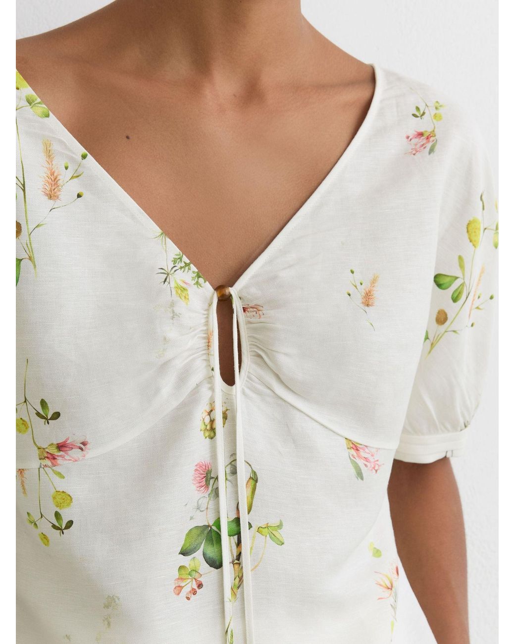 Reiss White Linen-Blend Floral-Print Top