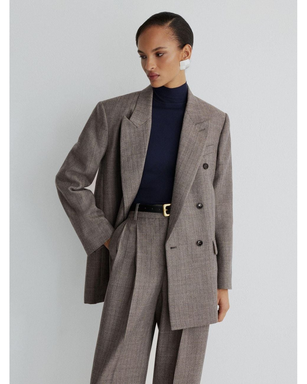 ATELIER Black Wool Woven Relaxed Double-Breasted Blazer