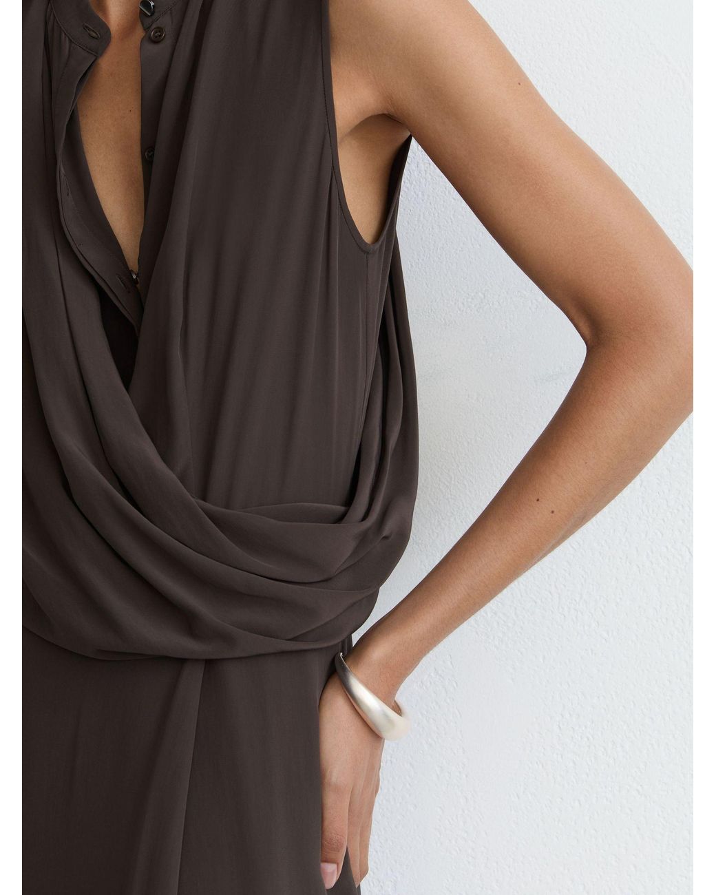 Reiss White Drape-Detail Band-Collar Midi Dress