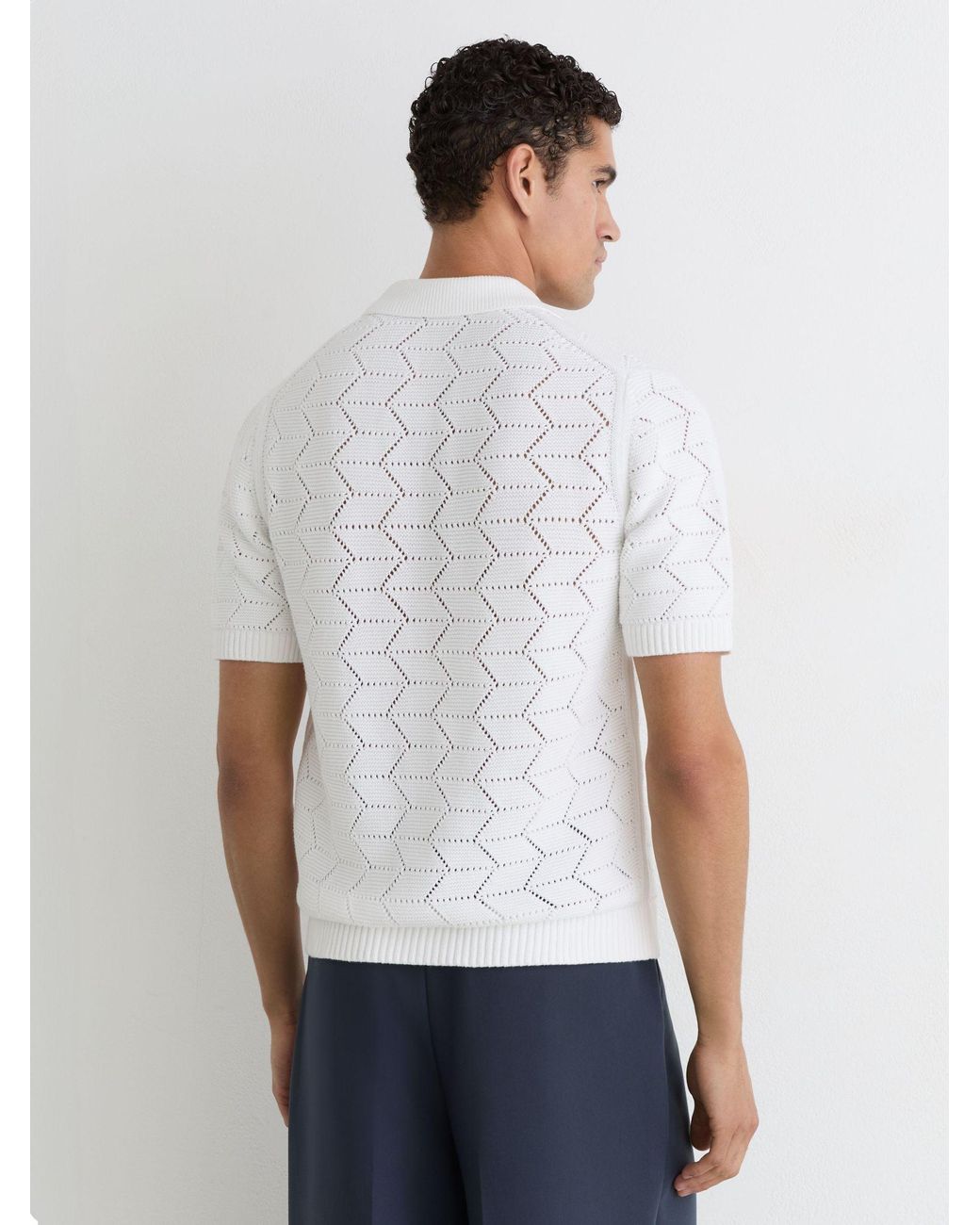 Reiss White Dalkeith Pointelle-Knit Cuban-Collar Shirt for men