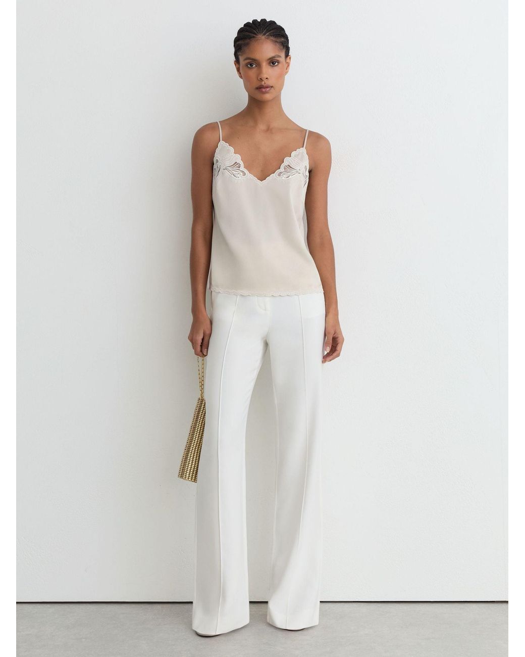 Reiss Natural Joanie - Neutral Satin Lace-detail Cami Top, Us 14