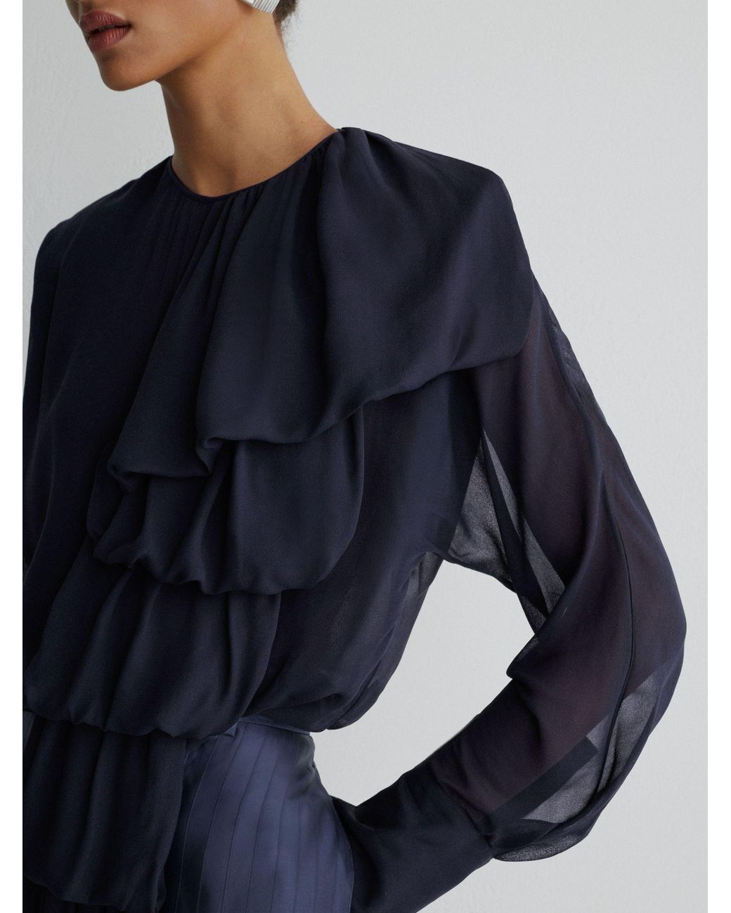 ATELIER Blue Sheer Draped Ruffle-Detail Blouse