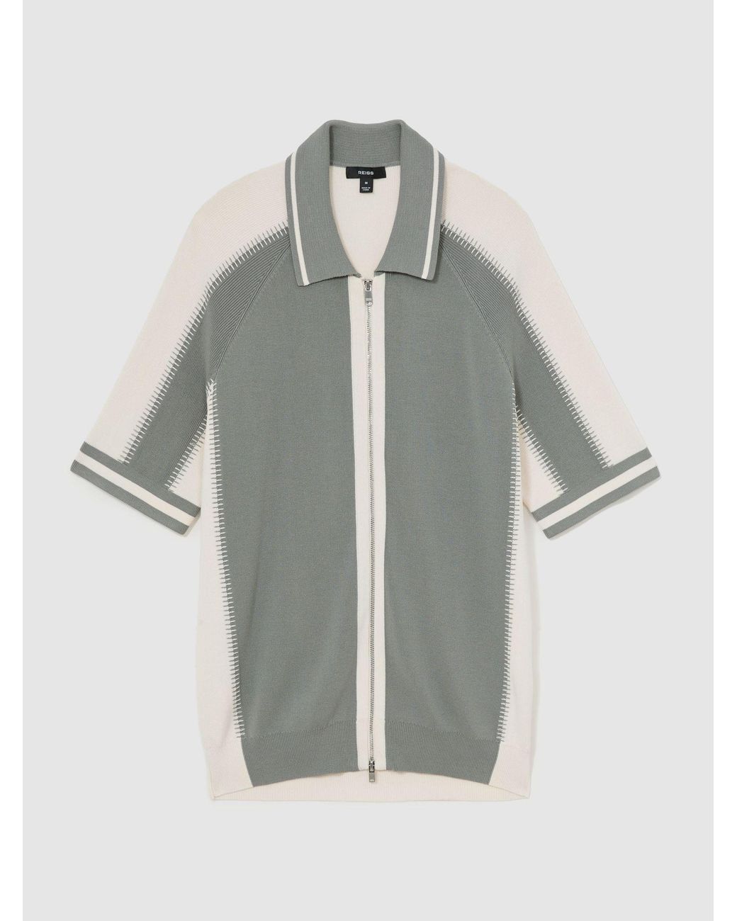 Reiss Gray Sage & Ecru Colour-Block Zip-Through Knit Shirt for men
