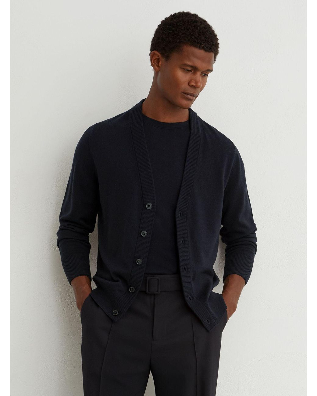 Reiss Blue Merino Wool V-Neck Cardigan for men