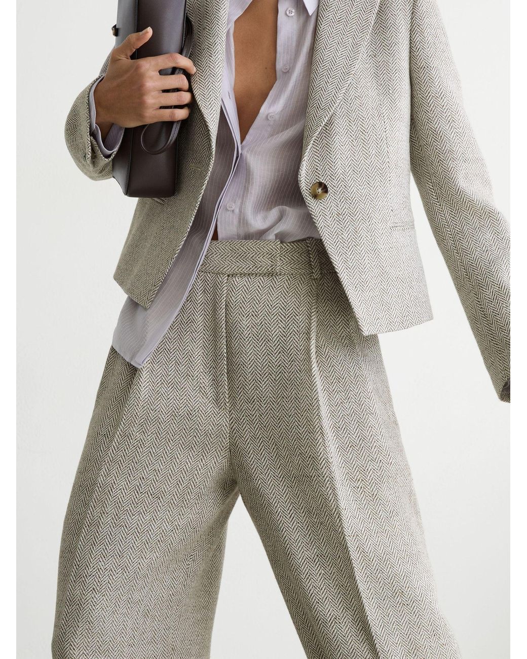 Reiss Gray Petite Herringbone Linen-Blend Straight-Leg Suit Trousers