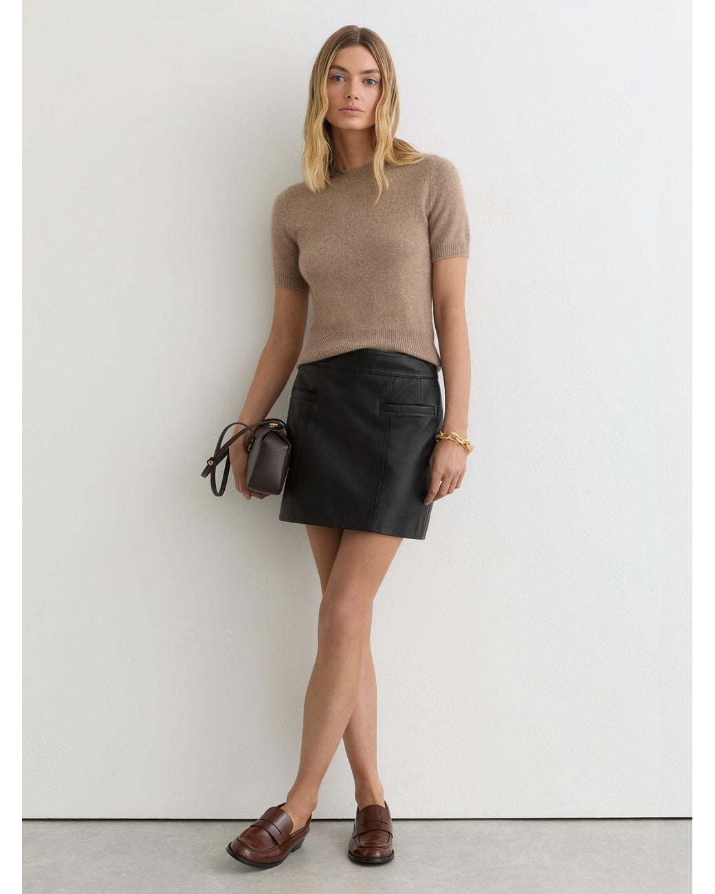Reiss Natural Seema - Black Leather Welt-pocket Mini Skirt, Us 6