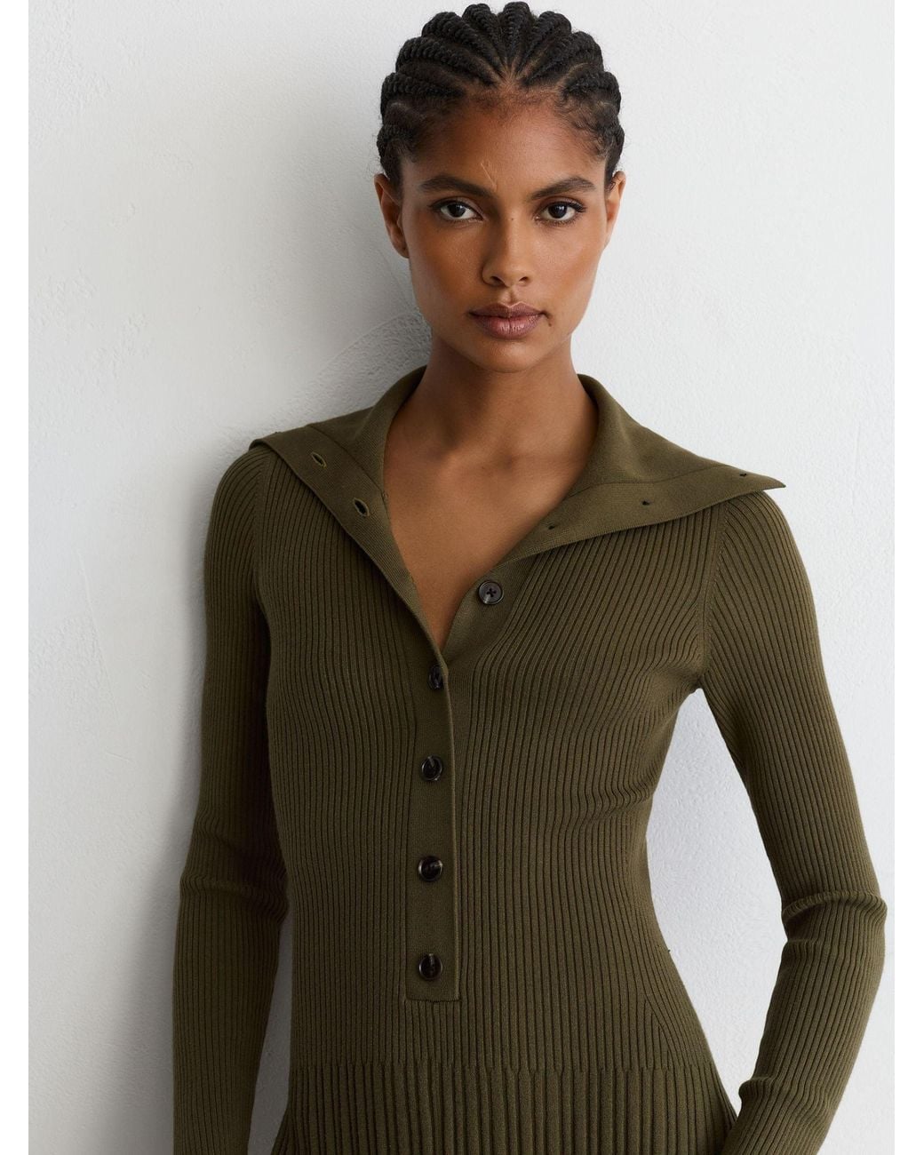 Reiss Green Rib-Knit Pleated Half-Button Mini Dress