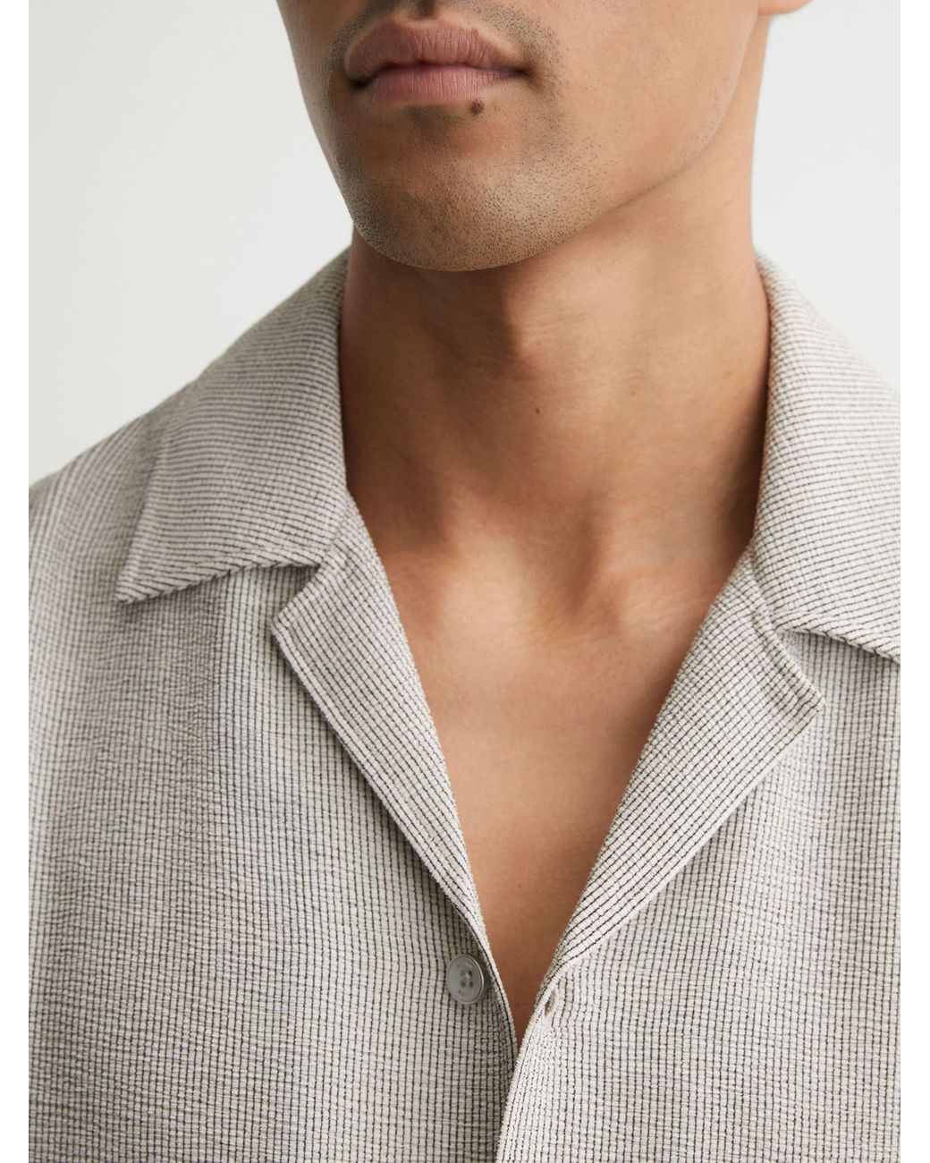 Reiss Gray Textured Stripe-Tape Cuban-Collar Shirt for men