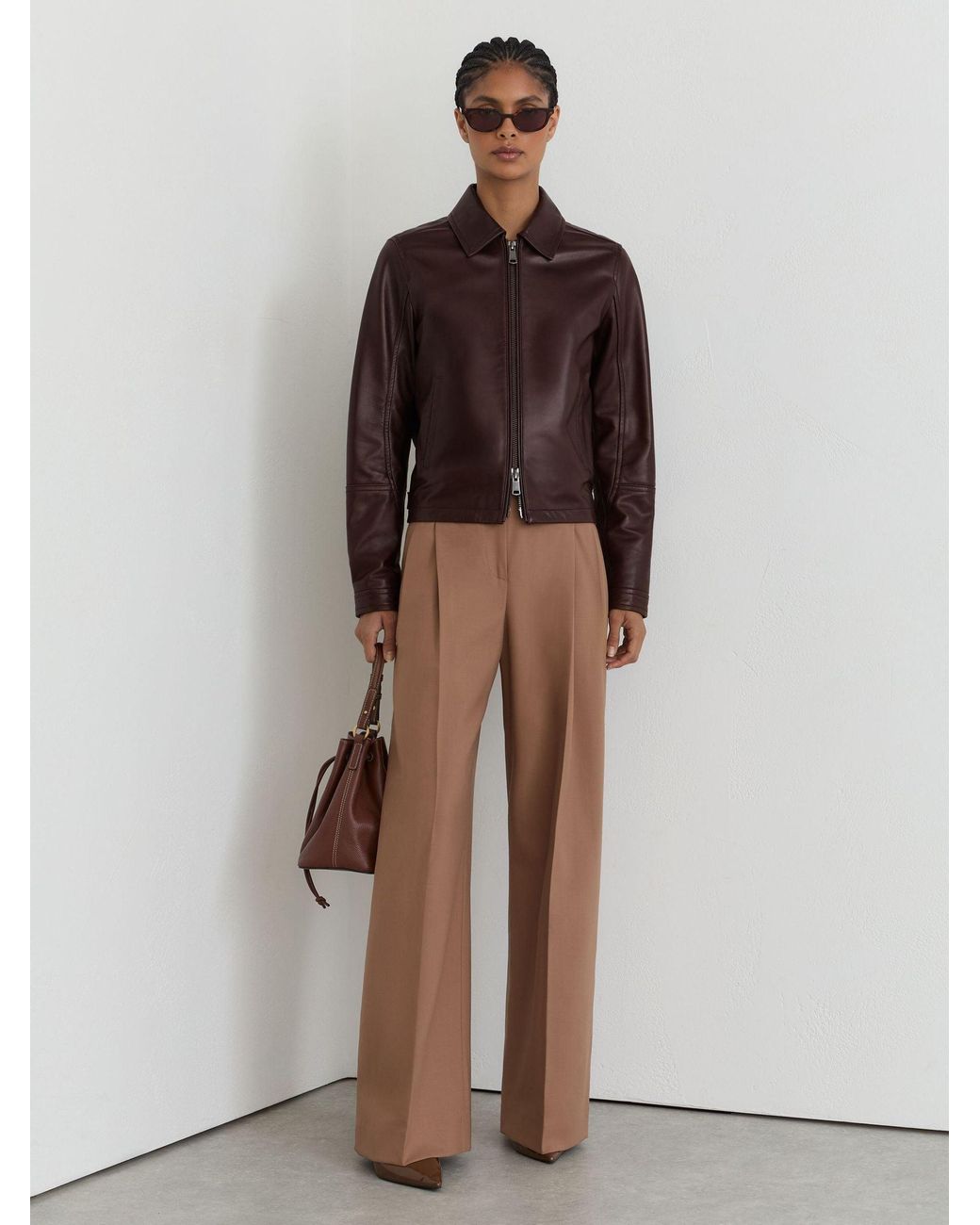 Reiss Brown Leather Zip-Through Moto Jacket