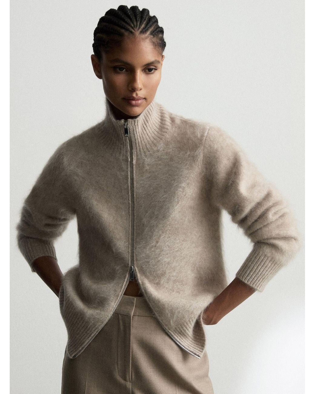 Reiss Natural Brushed Cashmere Zip-Through Cardigan
