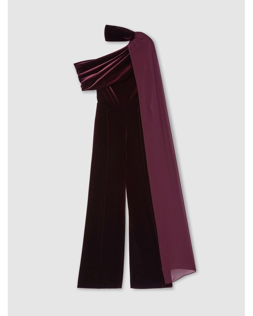 Reiss Red Petite Velvet Drape-Detail One-Shoulder Jumpsuit