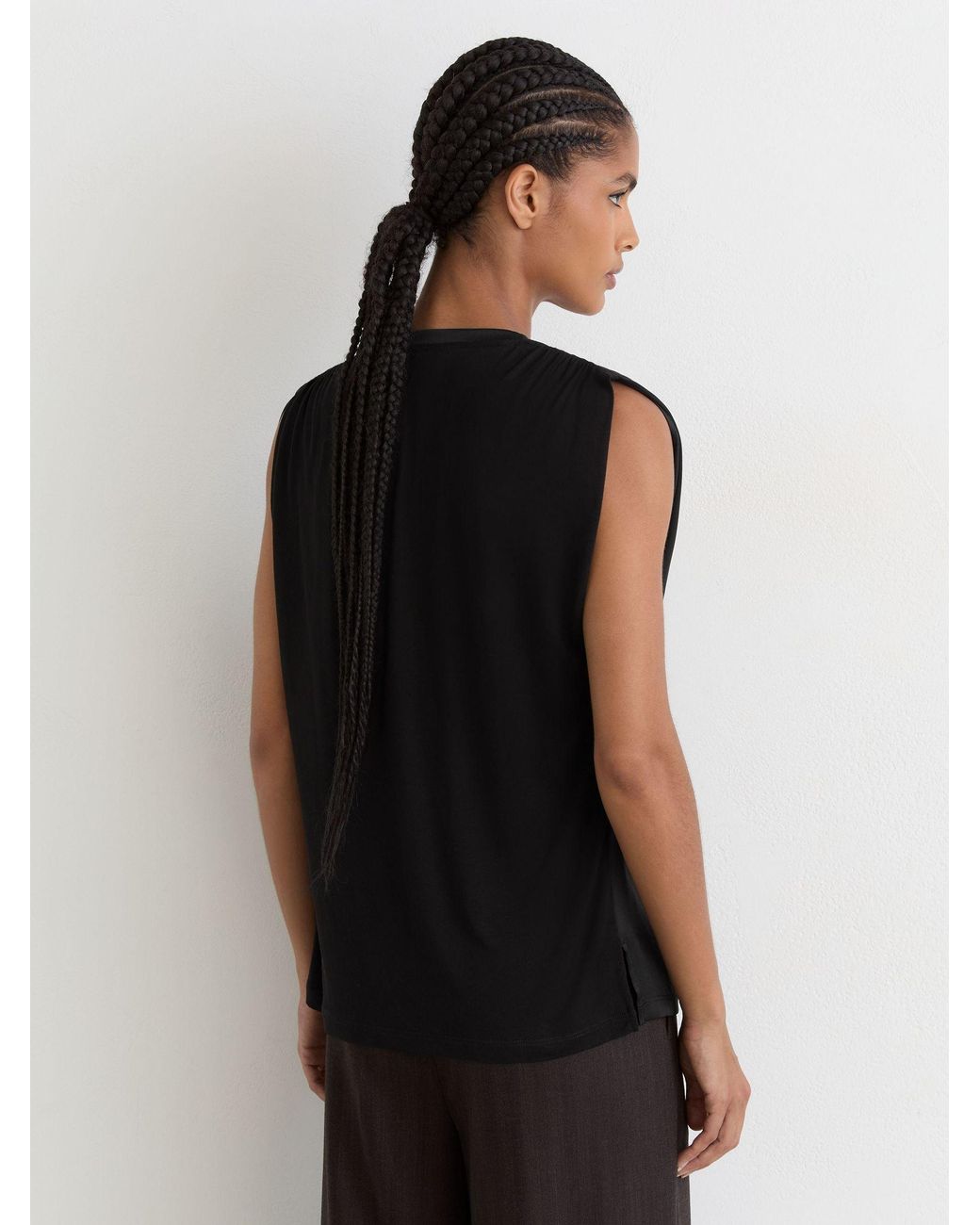 Reiss Black Silk-Front V-Neck Sleeveless Top