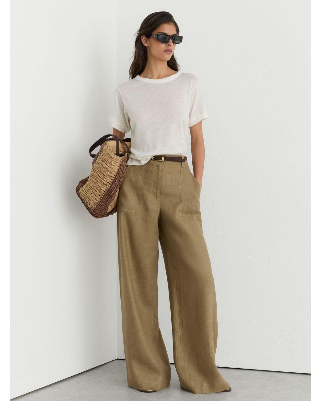 Reiss Metallic Ashby - Light Khaki Green Petite Linen Wide Leg Trousers, Us 8