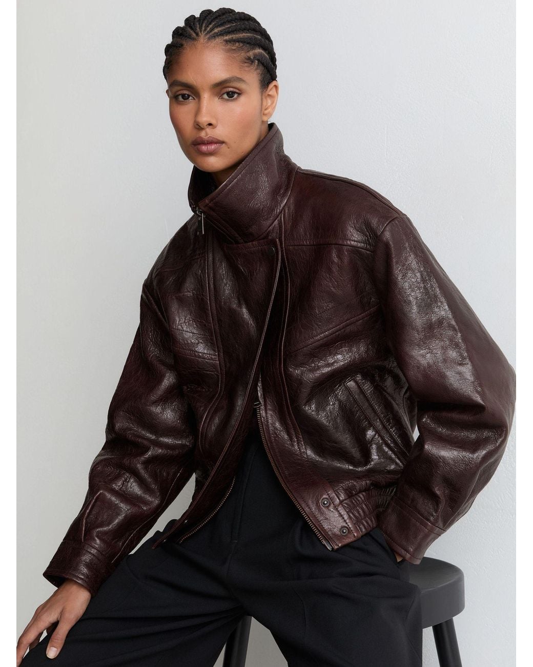 Reiss Brown Aubergine Petra Textured Leather Oversized Jacket