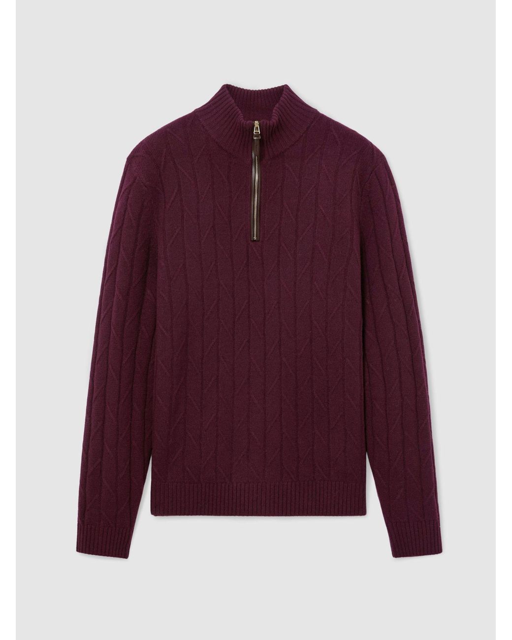 Reiss Purple Douglas - Bordeaux Wool Stitch-detail Half-zip Jumper, L for men