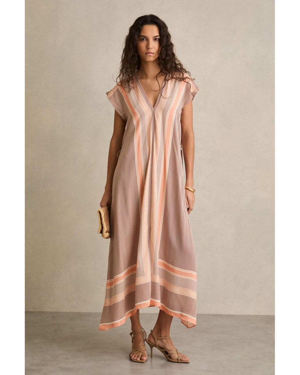 Reiss Gina - Coral Scarf Print Belted Midi Dress, Us 6 in