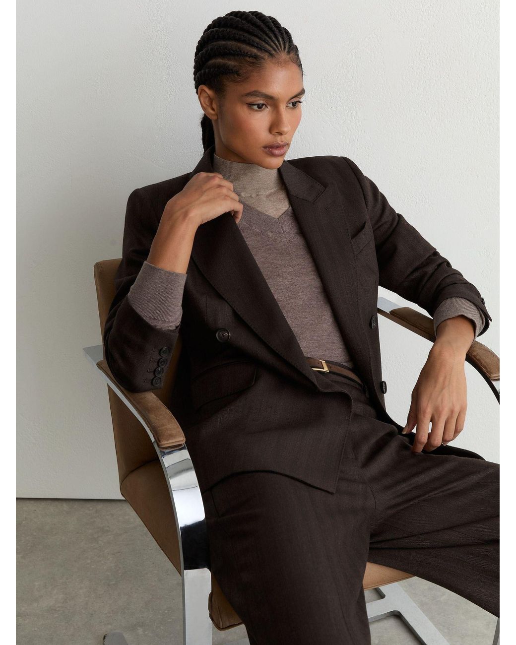 Reiss Black Chocolate Dawson Petite Wool-Blend Herringbone Double-Breasted Blazer