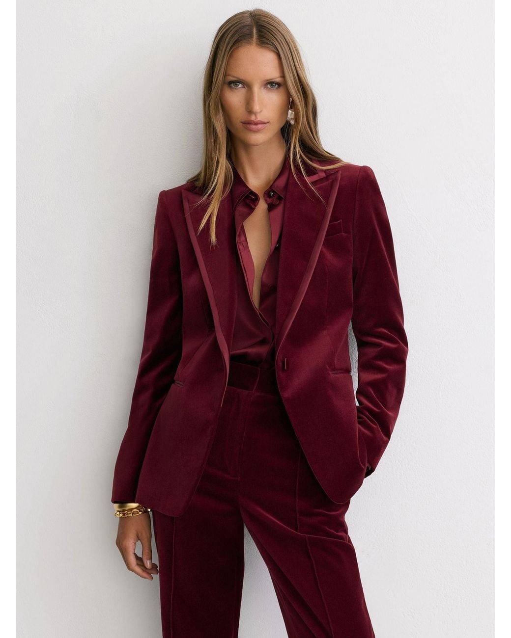Reiss Red Dark Wren Petite Velvet Satin-Trim Single-Breasted Suit Blazer