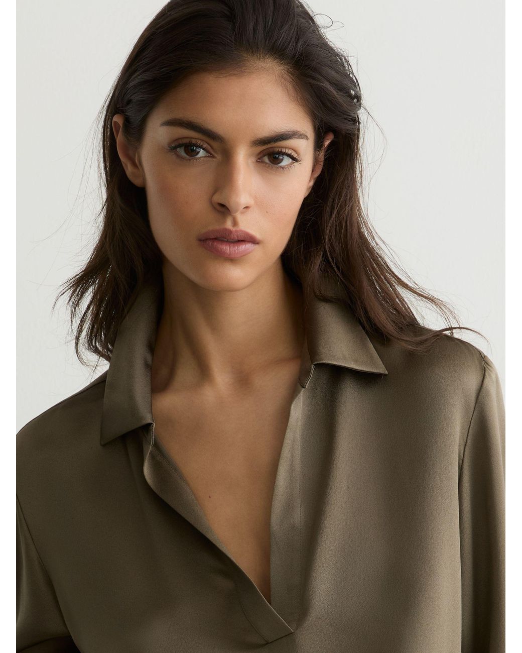 Reiss Brown Silk Open-Collar Blouse